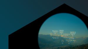 Photo of a magnified view of a mountain range with labels with names of peaks